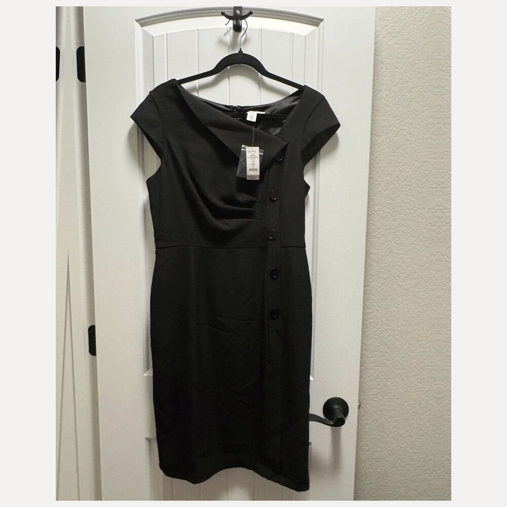 NWT White House Black Market Black Draped Crepe Sheath Dress Size 10